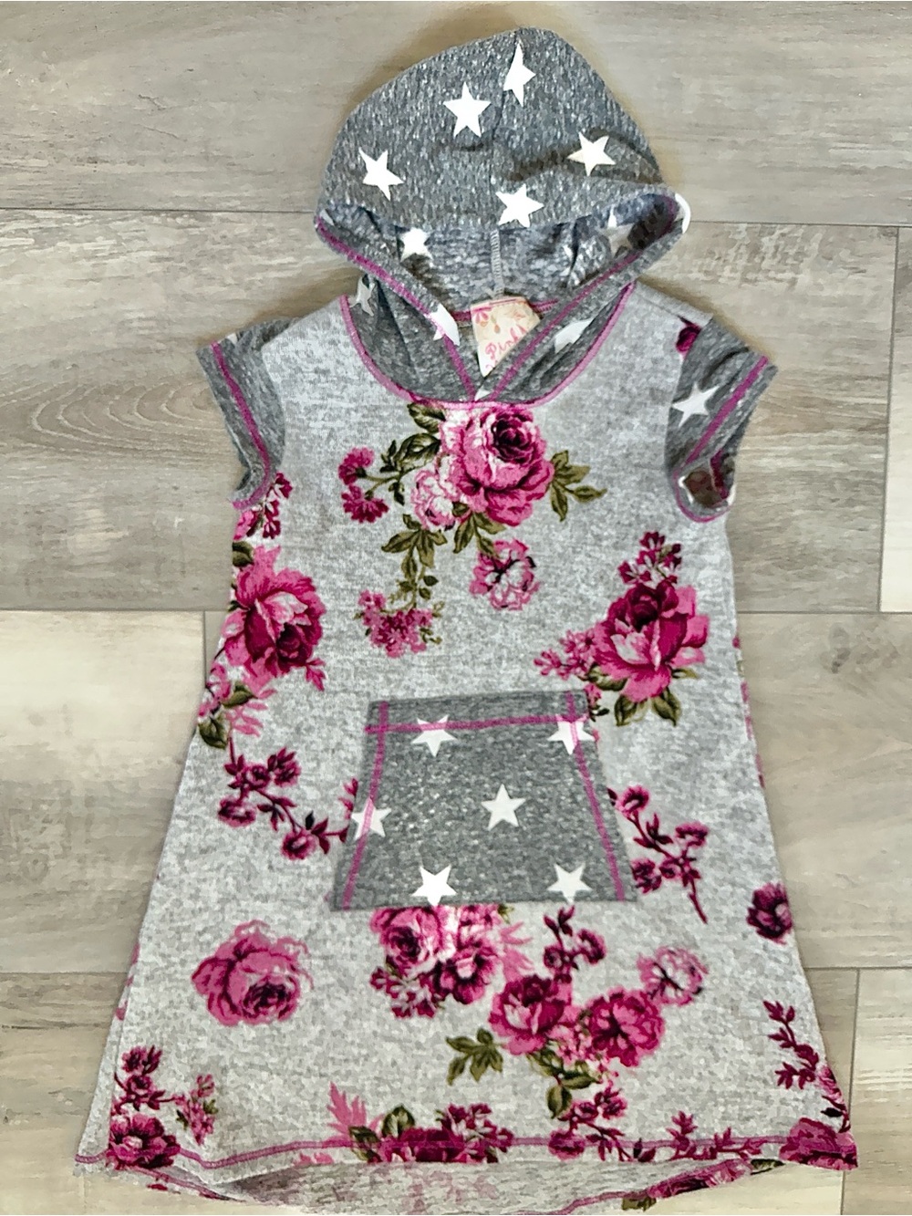 Pink Vanilla Girls Grey Hooded Dress w/Pink Floral Print and Star Pocket size 5